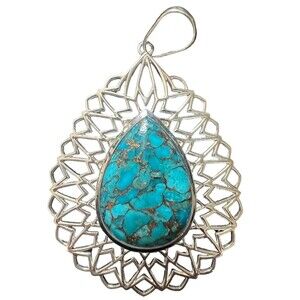 Boho Teardrop Turquoise Pendant Silver Tone Filigree Statement Necklace Charm